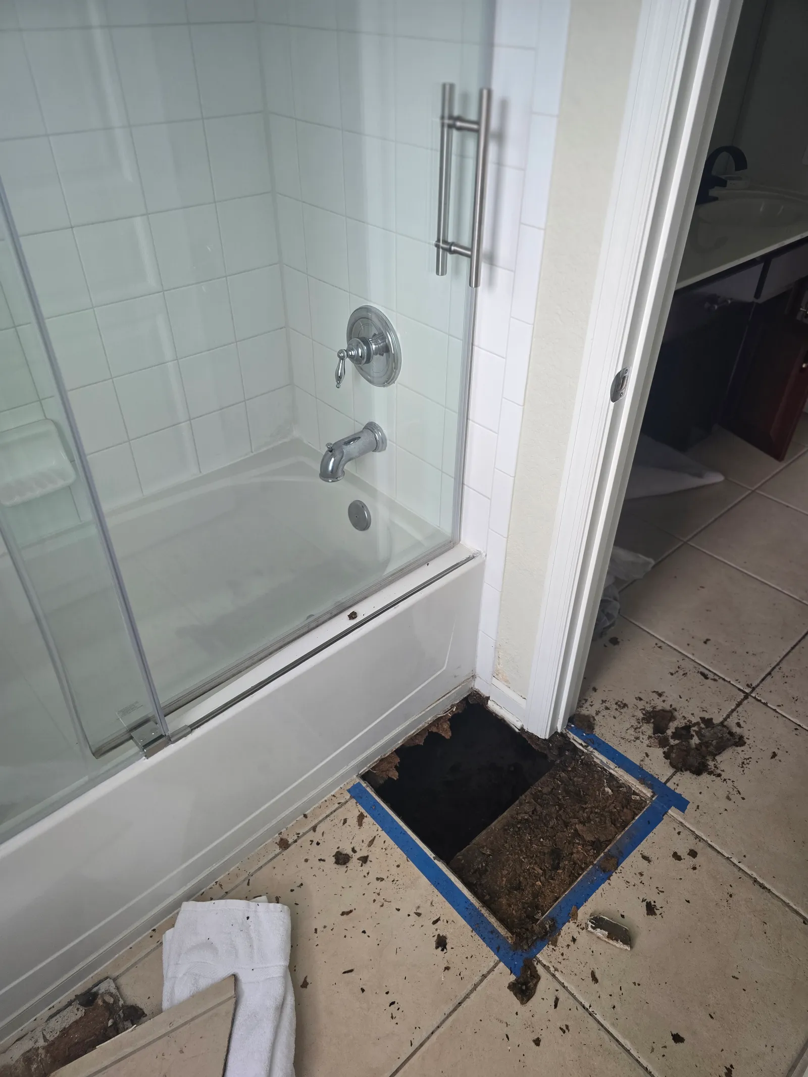 Old shower with sliding glass door and a hole cut in the floor showing water damage
