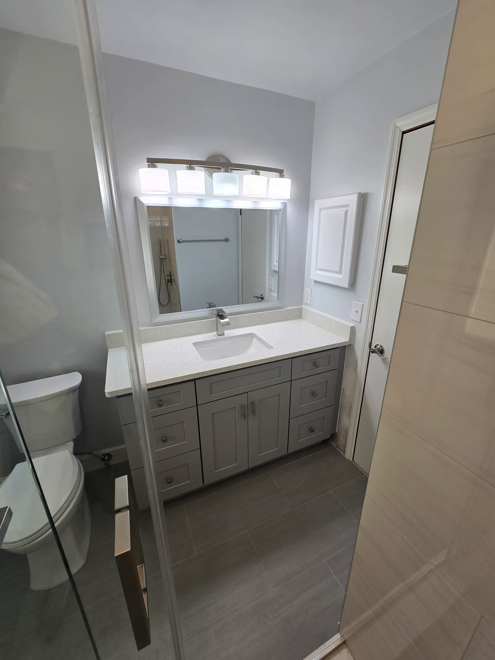 Finished hall bath with walk-in shower, glass door and new vanity